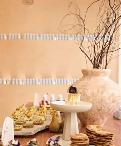 Canapes laid along a stone counter beside a cake on a raised stand and a tall pale vase of bare branches
