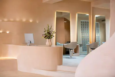 The curved reception desk with a vase of foliage, facing tall backlit mirrors, a styling chair and a glass-block wall